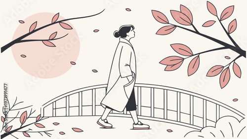 Serene Woman Strolling Over a Bridge Amidst Pink-Leafed Trees and Falling Petals in a Minimalist Line Art Illustration