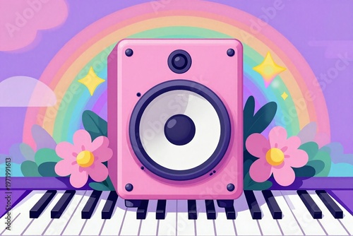 a pink piano with a boombox and flowers on it