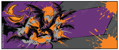 Halloween Flying Black Bats Under a Bright Orange Crescent Moon