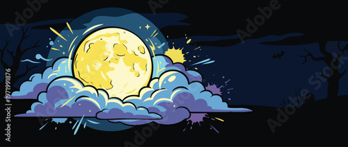 Halloween Full Moon Night Sky Bursting with Spooky Clouds and Flying Creatures