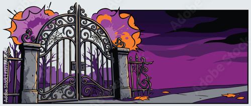 Halloween Graveyard Entrance with Spooky Comic Burst Accents and Purple Sky