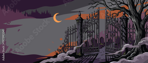 Halloween Graveyard Entrance with Spooky Gate and Moody Atmosphere at Night