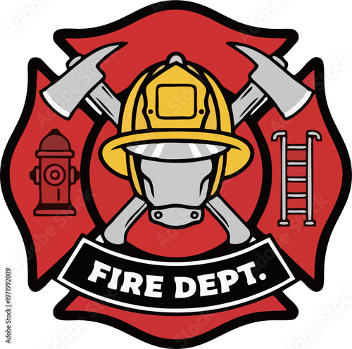 Firefighter Department Badge Logo with Helmet, Crossed Axes, Hydrant and Ladder Isolated
