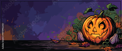 Halloween Jack O Lantern Glowing Pumpkin Arrangement with Leaves and Gourds