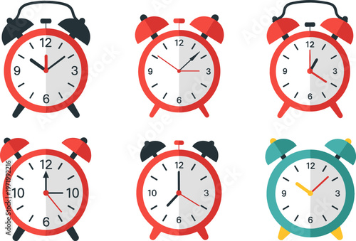 Alarm Clock Icon Set Featuring Different Clock Designs and Times for Wake Up, Time Management, and Morning Routine Design Projects