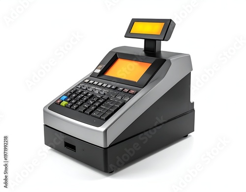 Modern cash register with screen and buttons on a white background