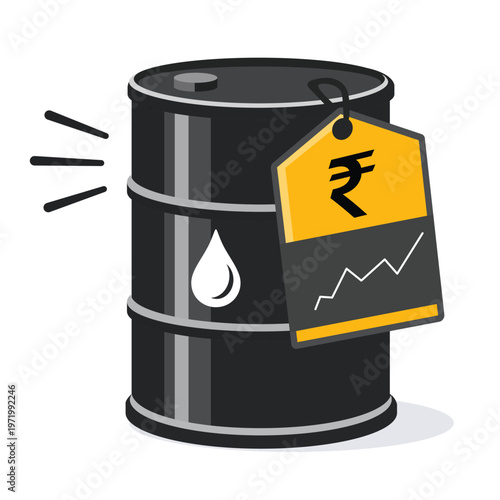 Black oil barrel with rupee price tag and rising graph representing crude oil price increase
