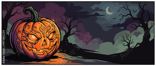 Halloween Jack o lantern with Spooky Carved Face and Moody Night Ambiance