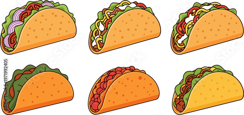 Delicious Taco Icon Set Featuring Different Fillings and Toppings for Mexican Food, Fast Food, and Culinary Design Projects