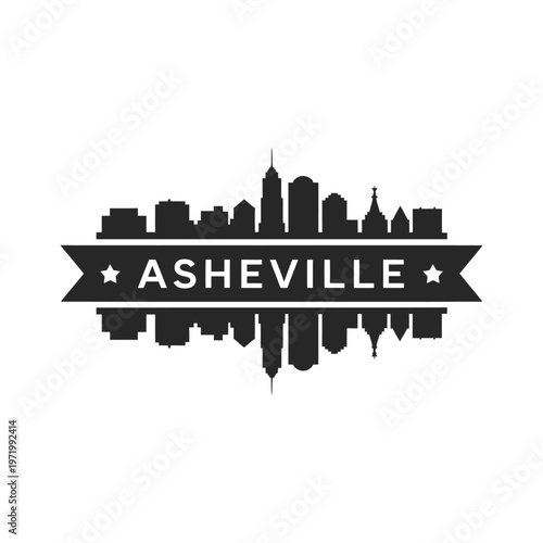 Asheville skyline illustration with mirrored reflection and ribbon banner