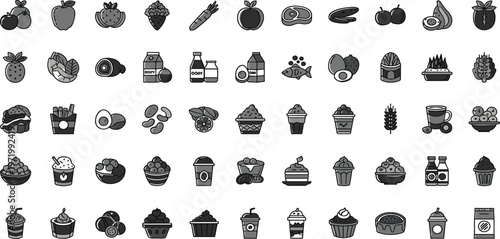 Food Icon Mega Set with Fruits, Vegetables, Meat, Dairy, Fast Food, Desserts and Drinks in Minimal Line Style for Menu Design and Apps