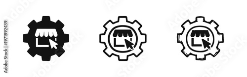 E-commerce Operations Gear Icon Set, Online Store Management Click Symbol in Various Styles
