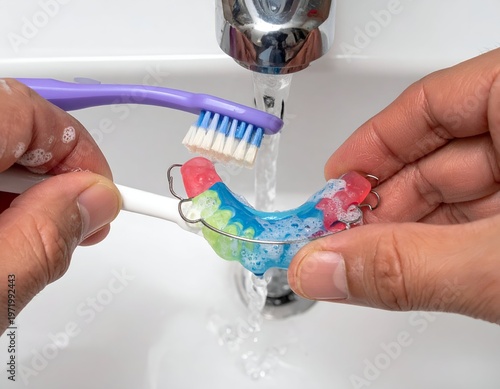 Hands cleaning dental retainer with toothbrush under running water