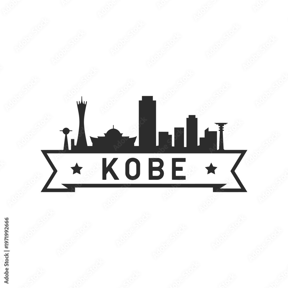 Fototapeta premium Silhouette of kobe cityscape with a decorative banner underneath