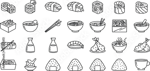 Japanese Food Outline Icon Set with Sushi, Ramen, Onigiri, Tempura and Traditional Dishes for Restaurant Menu Design and Asian Cuisine Illustration