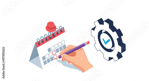 Employee marking important dates on a desk calendar with a pencil next to a gear icon for task scheduling and time management.