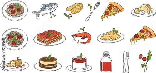 Italian Food Illustration Set with Pasta, Pizza, Lasagna, Seafood, Desserts and Traditional Dishes for Restaurant Menu Design and Culinary Graphics