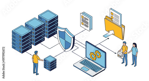 Data protection concept showing system servers and laptop protected by a shield for cybersecurity and digital file safety.