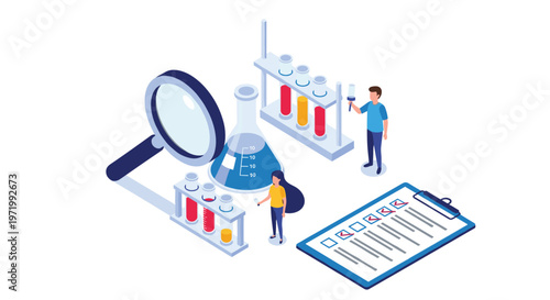Scientific research team conducting laboratory experiments with glass flasks and magnifying glass for chemical analysis.