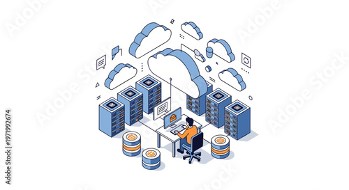 IT administrator managing network servers with multiple clouds representing secure data storage and cloud computing solutions.