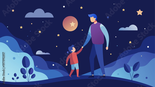 Father and son looking at the stars together at night