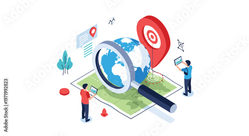 Team of researchers using a magnifying glass to analyze target locations on a map for global market expansion and logistics.