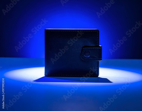 Leather wallet, illuminated, on blue surface with dramatic lighting