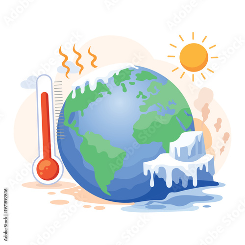 Earth with thermometer sun heat waves and melting icebergs representing global warming