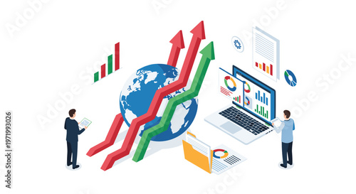 Corporate growth concept with analysts examining rising charts on a laptop and globe for international business success.
