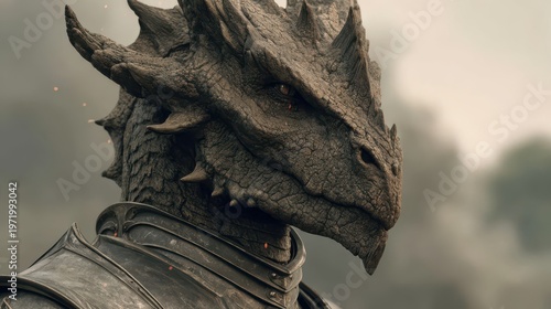 Armored Dragon Warrior Stands Guard in a Misty Fantasy Landscape, Vigilance