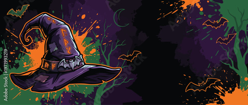 Halloween Witch Hat with Bats and Spooky Background