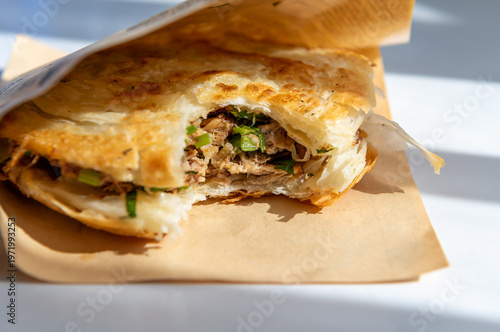 Tableau sur toile A close up of a Roujiamo or Chinese burger from Shannxi Province, China