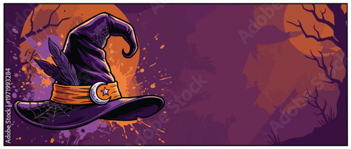 Halloween Witch Hat with Feathers on a Spooky Purple Orange Background