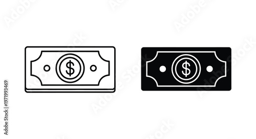 Two dollar bill icons outlined and filled presented as a dark silhouette