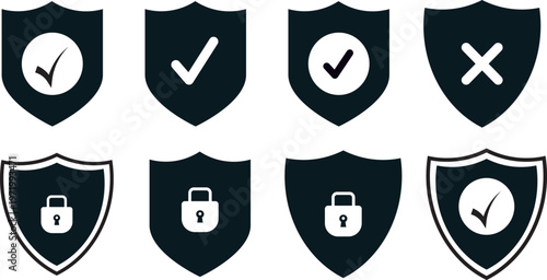 Privacy protection collection icons, minimalist shield with keyhole and gear design, professional ui ux assets for mobile app security settings
