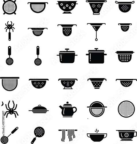 Foto Collection of kitchen strainers, colanders, pots, and cooking utensils icons, fo