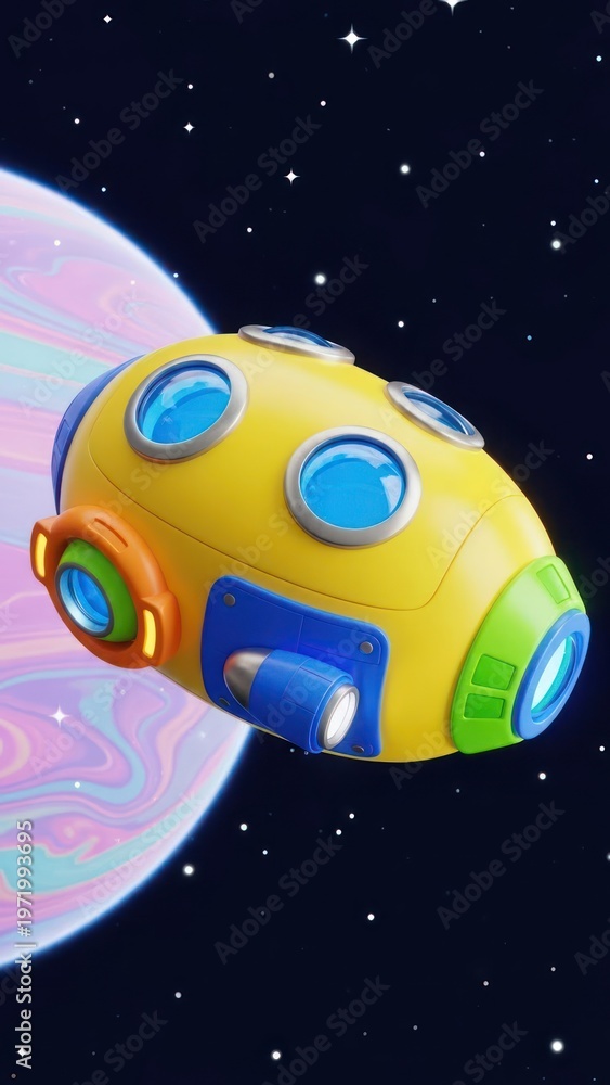 Naklejka premium Cartoon spaceship in deep space with planet and stars