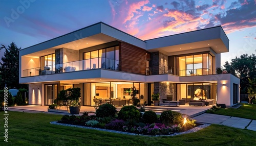 Modern residence, three-story architecture with glass panes, situated on a green lawn at dusk with colorful sky