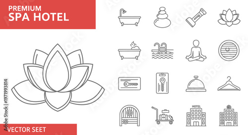 Spa Hotel Icon Set: Lotus Flower, Bathtub, Yoga, Massage, Hotel Building