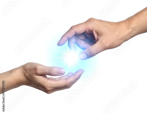 Hands reaching towards a bright light, suggesting connection and energy transfer