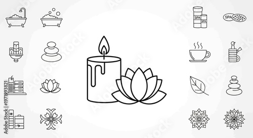 Spa and Wellness Icons: Candle, Lotus Flower, Stones, Bath, Tea, Leaf
