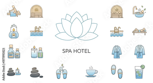 Spa Hotel Icons Set: Relaxation, Wellness, Beauty, and Leisure