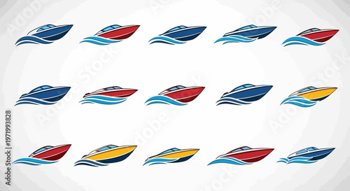 Speedboat Icons Set, Water Sports Vector Graphics, Modern Boat Collection