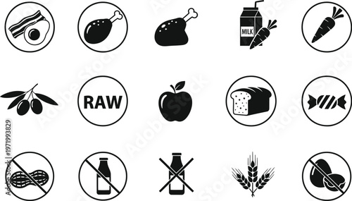 Clean vector graphic illustration of common food diet and allergy icons