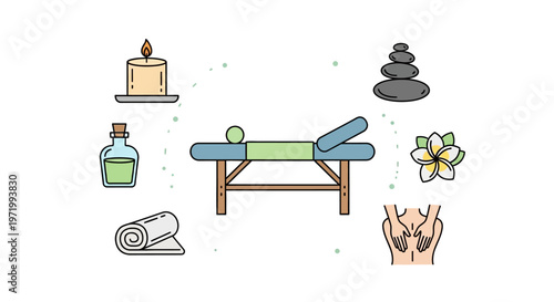 Spa Massage Therapy Icons: Massage Table, Candle, Stones, Towel, Oil, Flower