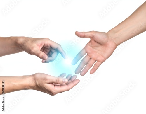 Hands reaching, one emitting light, connection theme against white
