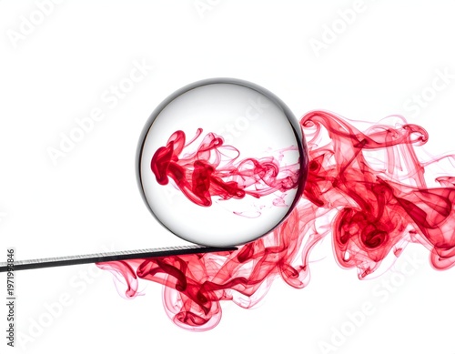 Clear sphere balanced on thin rod, red fluid billowing around