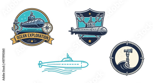 Submarine Collection: Ocean Exploration, Nautical Badges, and Maritime Icons