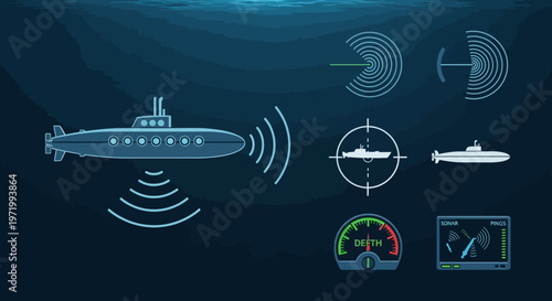 Submarine sonar detection, underwater navigation and depth monitoring illustration