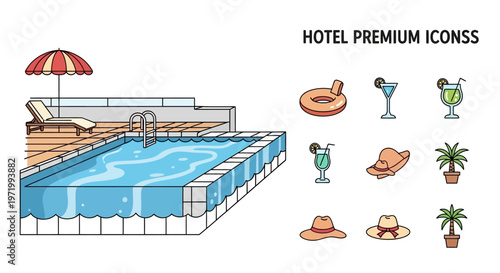 Summer Pool Icons: Lounge Chair, Umbrella, Drinks, Hats, Palm Trees